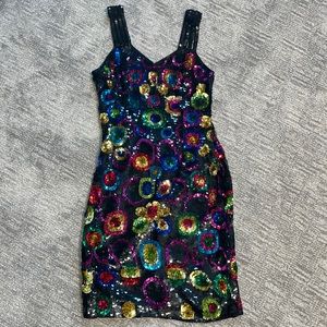 Vintage Carina Silk Black Beaded and Multicolor Sequin Dress Size Small